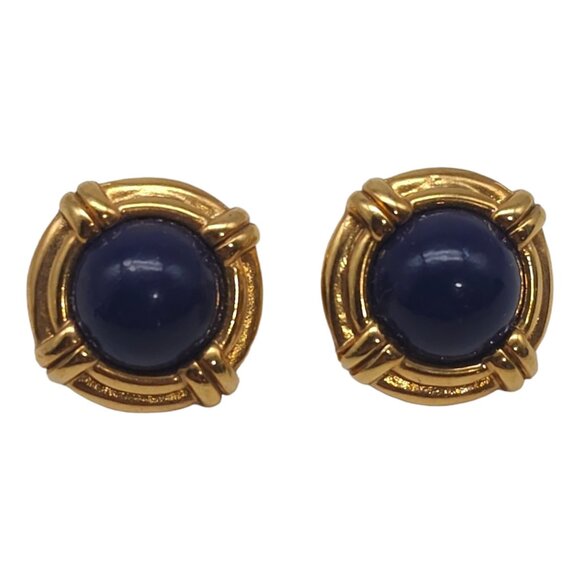 Vintage White Stag Blue Cabochon Nautical Pierced Earrings Gold Tone Studs - Picture 1 of 8